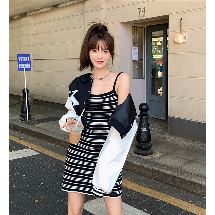 Đầm dệt kim XIAOZHAINV 2 dây kẻ sọc phong cách Hàn Quốc quyến rũ