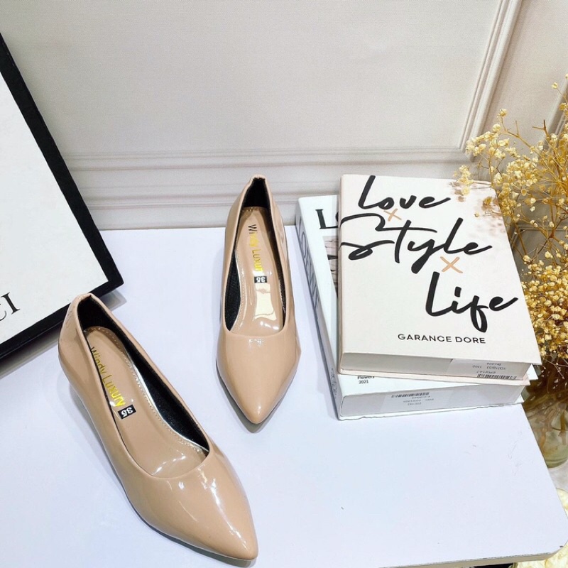 Bán sie giày cao gót công sở da bóng gót dẹt 5p chắc chắn