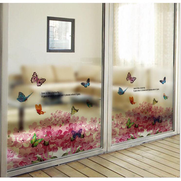 Decal trang trí kính cao cấp mẫu hoa bướm hồng (58x60cm)
