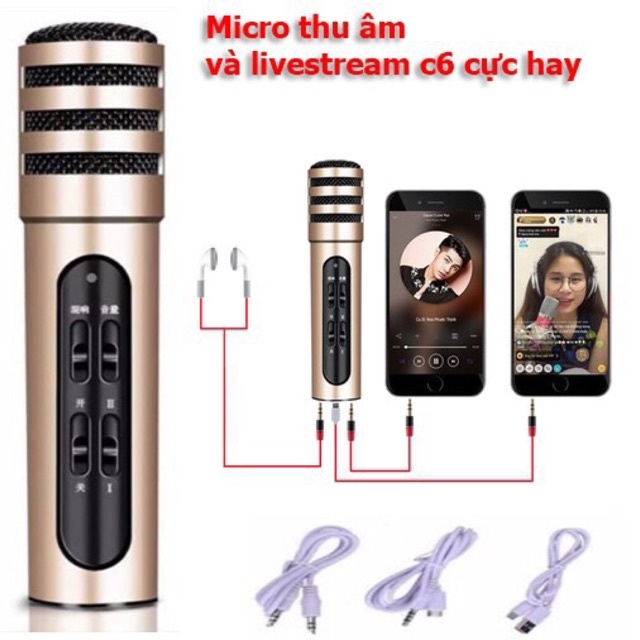 Mic Hát Karaoke Livestream Trên Điện Thoại - Livestream Thu Âm C7 Pro; Tặng Kèm Tai Phone