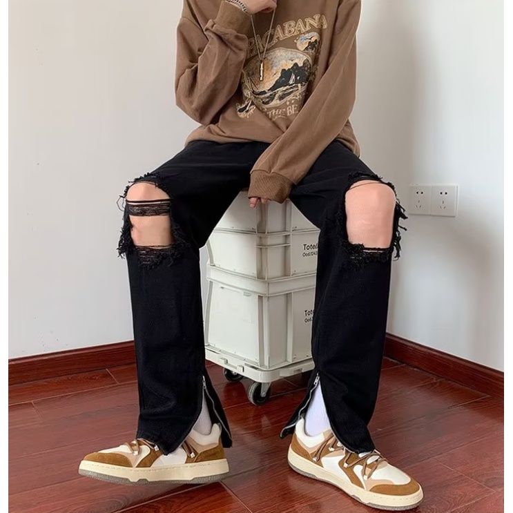Quần Jean nam hàn quốc quần jean nam đen rách gối oversize quần jean nam cao cấp