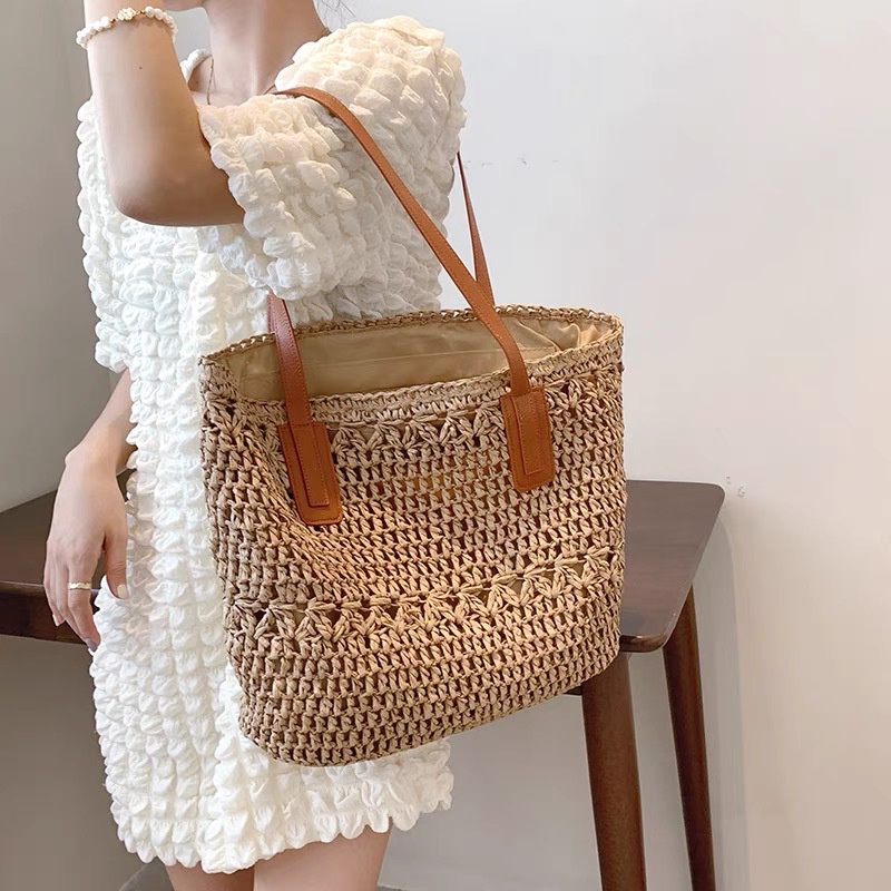 Túi cói Tote chữ nhật sọc ngang phối dây da - phong cách Vintage (mẫu mới)