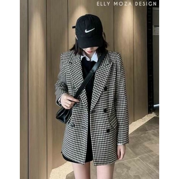 Hàng nhập - Áo khoác dạ nữ caro răng sói trẻ trung, áo blazer cổ vest 6 nút