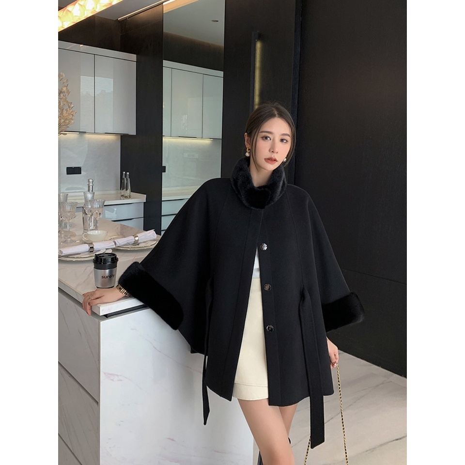 áo choàng cashmere cao cấp hai mặt cổ lông mềm mịn sang trọng quý phái phong cách châu âu sành điệu. hàng QC KCC1558 | BigBuy360 - bigbuy360.vn