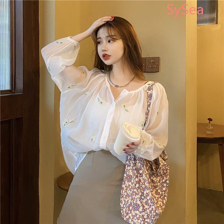 Plus Áo Sơ Mi Chiffon Chống Nắng Họa Tiết Hoa Phong Cách Pháp Cá Tính