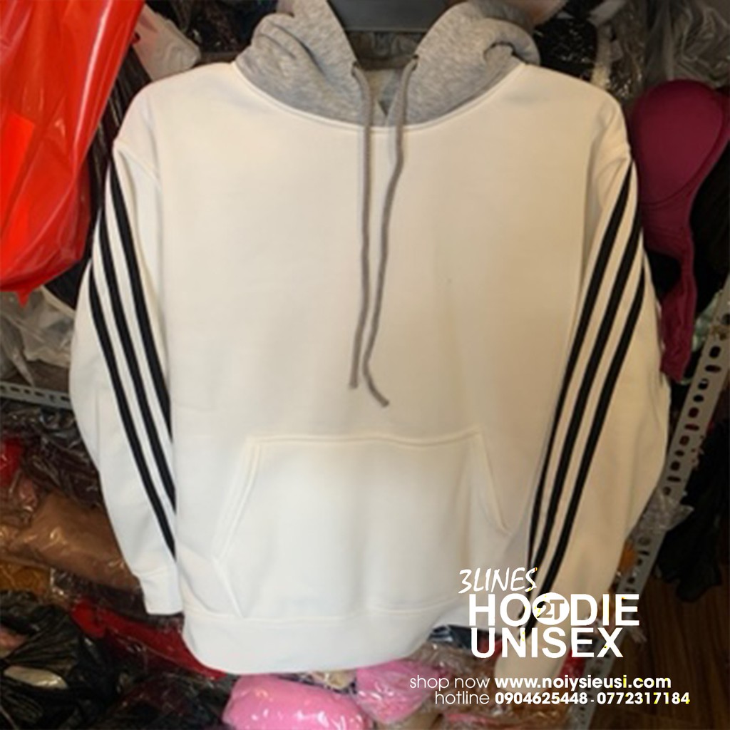 Áo Hoodie 3Lines nón xám unisex 2T Store H3L01 màu trắng - Áo khoác nỉ chui đầu 3 sọc nón may 2 lớp dày dặn chất lượng