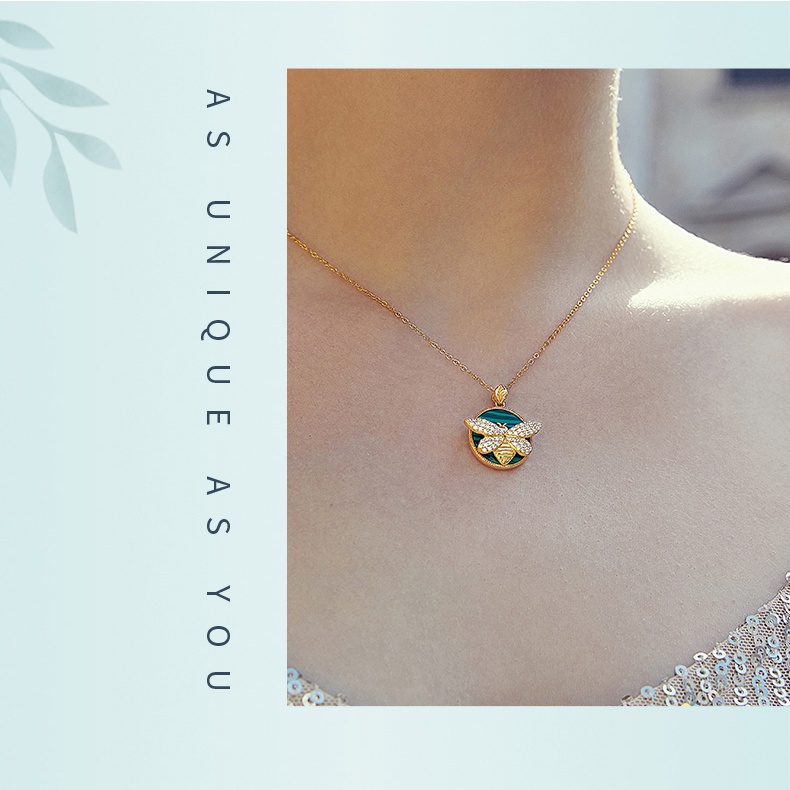 Dây chuyền/ Khuyên tai Bamoer bằng bạc 925 mặt ong đính đá Malachite thời trang cho nữ
