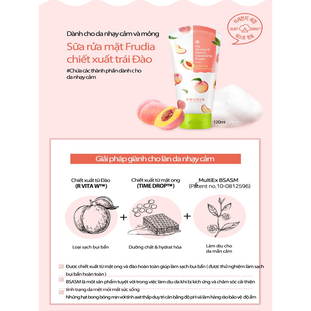 [TẶNG 66K]Sữa Rửa Mặt Cấp Ẩm Chiết Xuất Trái Đào Frudia My Orchard Mochi Cleansing Foam Peach 120ml