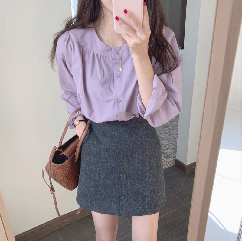 Áo Sơ Mi Tay Dài Cổ Tròn Phong Cách Hàn Quốc Thanh Lịch Dành Cho Nữ