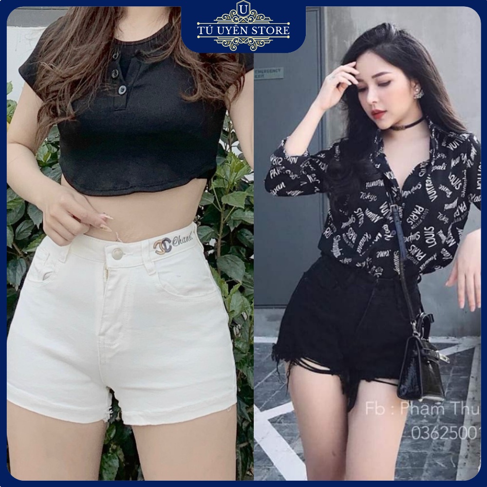 Quần short jean đen trắng nữ rách - Quần sooc bò rách Denim thiết kế rách cá tính dáng chữ A