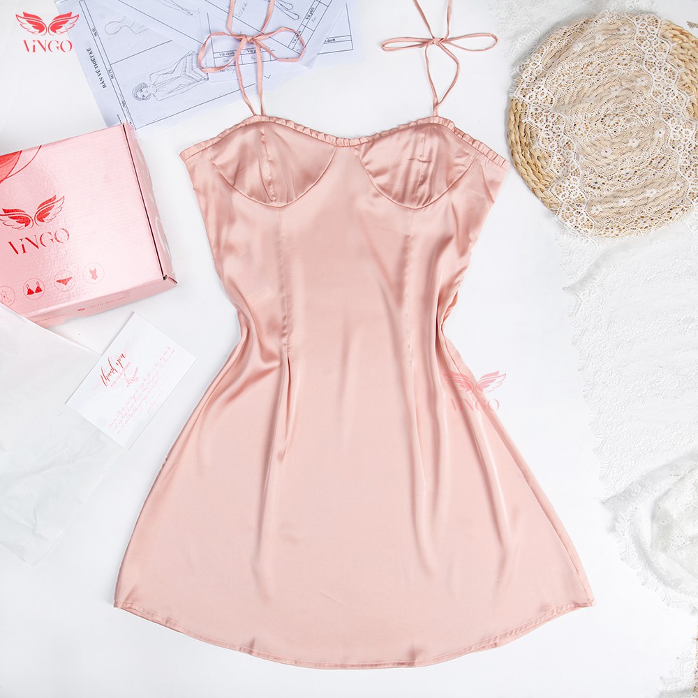 VINGO Váy Ngủ Lụa Hai Dây Nữ Viền Bèo Cúp Ngực Gợi Cảm Quyến Rũ N237 VNGO | BigBuy360 - bigbuy360.vn