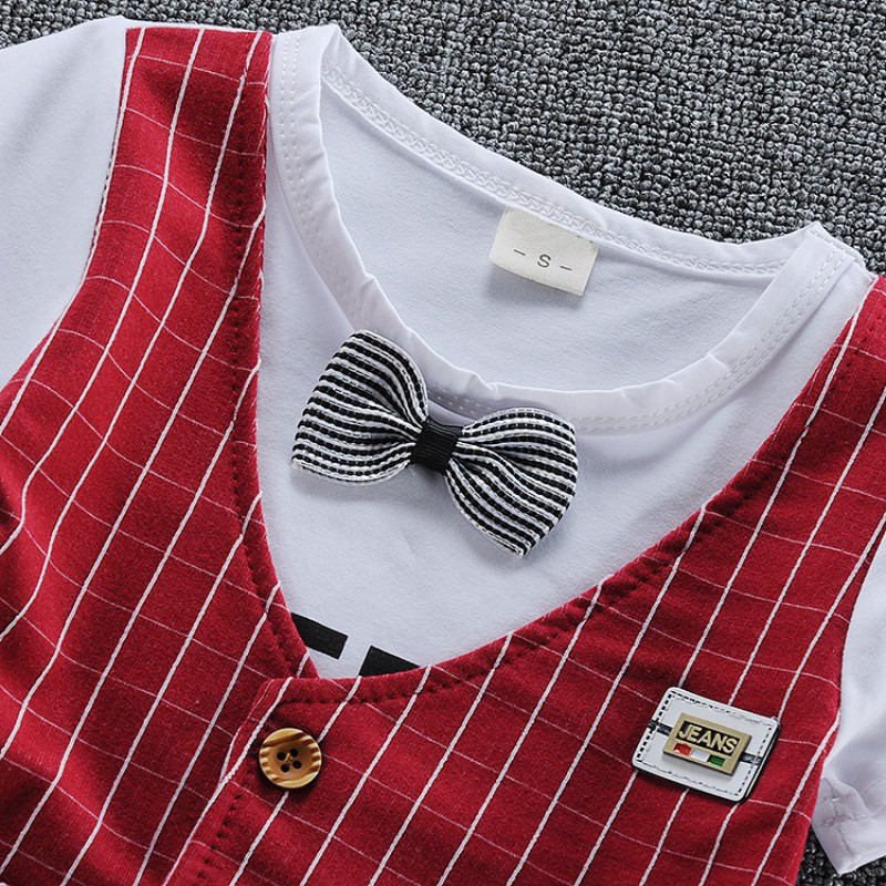 Áo thun ngắn tay thắt nơ + quần ngắn sọc caro cho bé trai