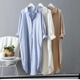 Đầm sơ mi dài dáng suông chất đũi SLINEN, form váy suông không kén dáng.