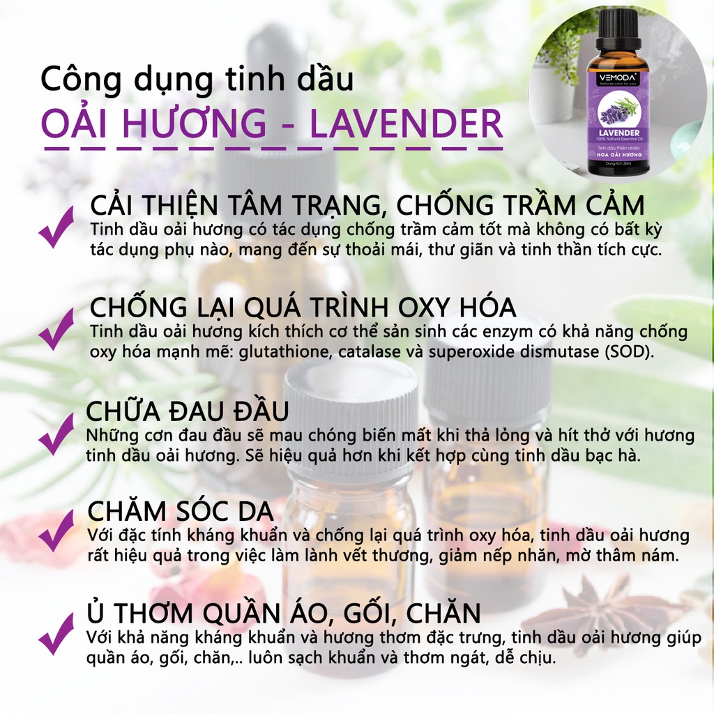 Tinh dầu Oải hương cao cấp VEMODA 30ML khử mùi, tinh dầu xông phòng, thơm phòng, để phòng ngủ, thư giãn, giúp ngủ ngon