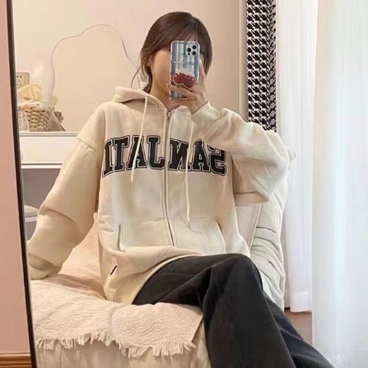 ZHELIHANGFEI Áo len trùm đầu khóa kéo dài tay áo T - kiểu dáng trường đại học áo sơ mi lỏng lẻo - phù hợp