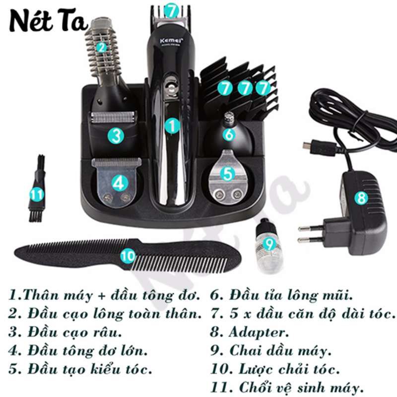 Tông đơ tạo kiểu tóc đa chức năng 6 in 1 chính hãng Kemei KM-600 có thể cạo râu tỉa mũi tỉa mày...