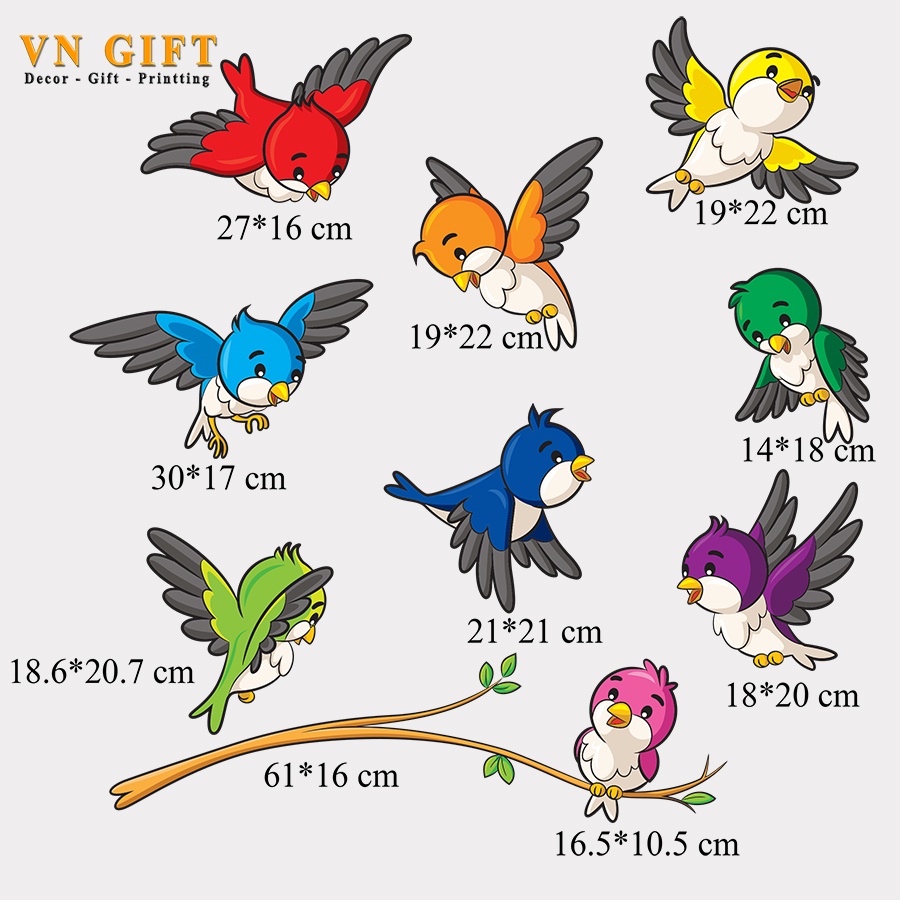 Bộ tranh gỗ 9 Chú chim + cành cây decor cao cấp dán tường, trang trí nhà cửa, phòng khách, có sẵn băng dính 2 mặt