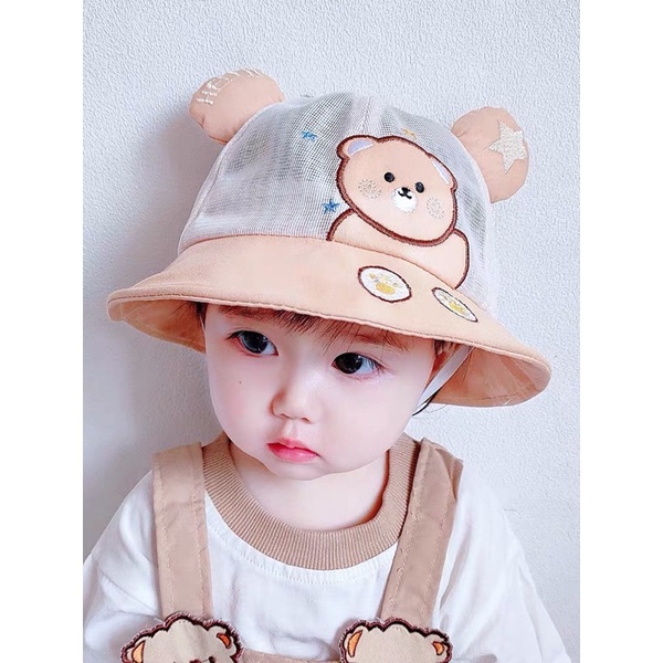 Mũ cho bé trai bé gái vành tròn thêu gấu vẫy tay tai hello dễ thương , phù hợp 4 tháng - 3 tuổi