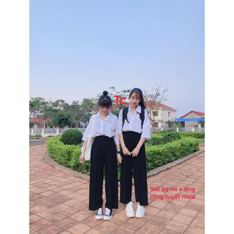 Sét sơ mi cộc quần ống rộng tuyết mưa