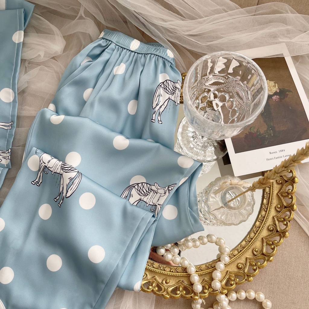 Bộ Mặc Nhà Pyjama Lụa Cao Cấp Tea Store Tay Dài Quần Dài Họa Tiết Nơ Cổ Xinh Xăn | BigBuy360 - bigbuy360.vn
