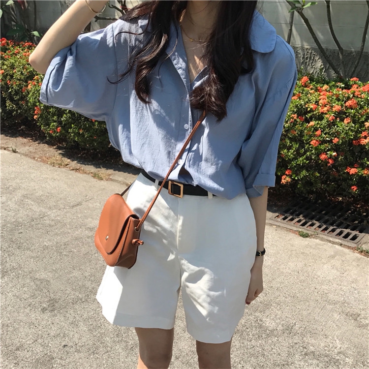 Áo sơ mi SUXI tay ngắn màu trơn đơn giản thời trang dành cho nữ