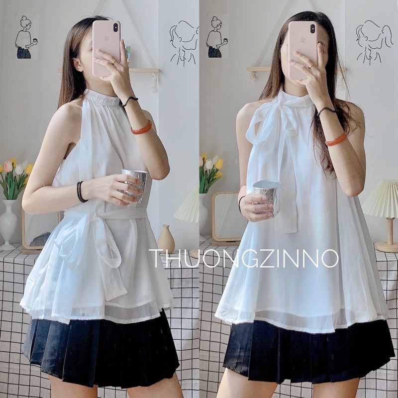 [Ảnh thật/Video]Áo yếm tơ kèm đai thắt eo hoặc làm turban Áo sơ mi tơ mềm