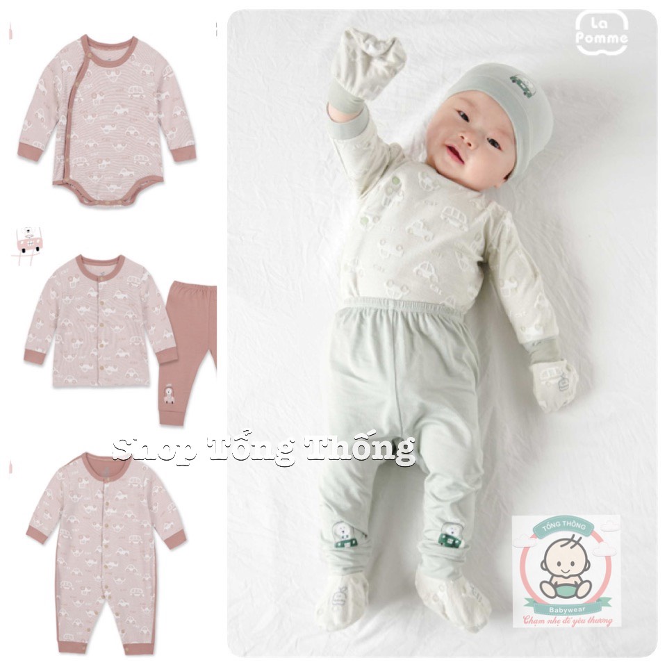 Set combo sơ sinh hãng La Pomme chất vải Modal cao cấp mềm mịn thoáng mát body, bộ cài chéo, cài giữa, mũ nón yếm xe hơi