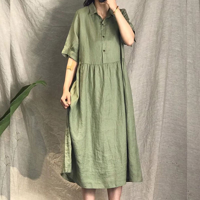 Váy linen dáng suông cổ sơ mi tay lỡ đủ size từ  45-75kg