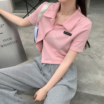 Áo Thun Lửng Có Cổ Thêu Hình Gấu Xinh Xắn Dành Cho Nữ