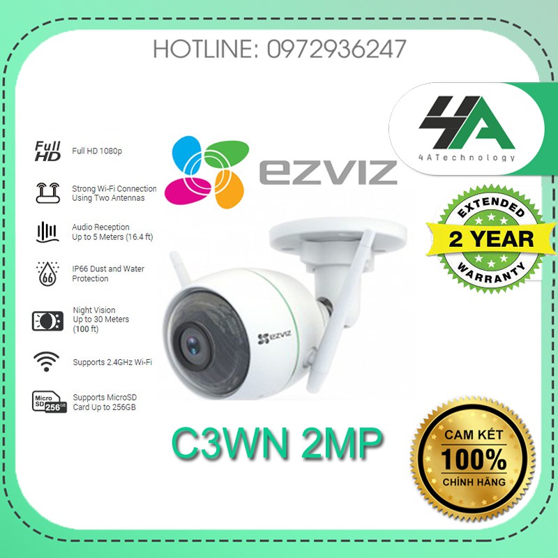 Camera IP WIFI Ngoài Trời AI Thông Minh EZVIZ C3N C3WN (1080P), có màu ban đêm, có mic (chính hãng Hikvision VN)