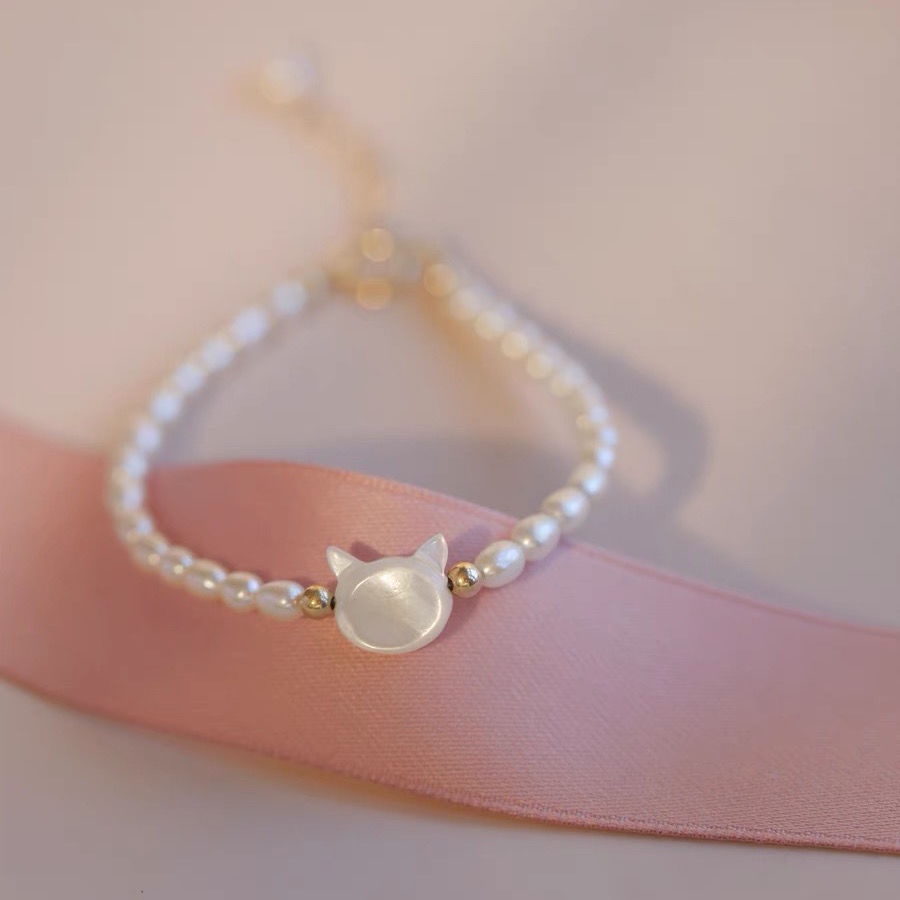 Vòng Đeo Tay Hình Mèo Đen Đính Ngọc Trai Nhân Tạo Dành Cho Nữ