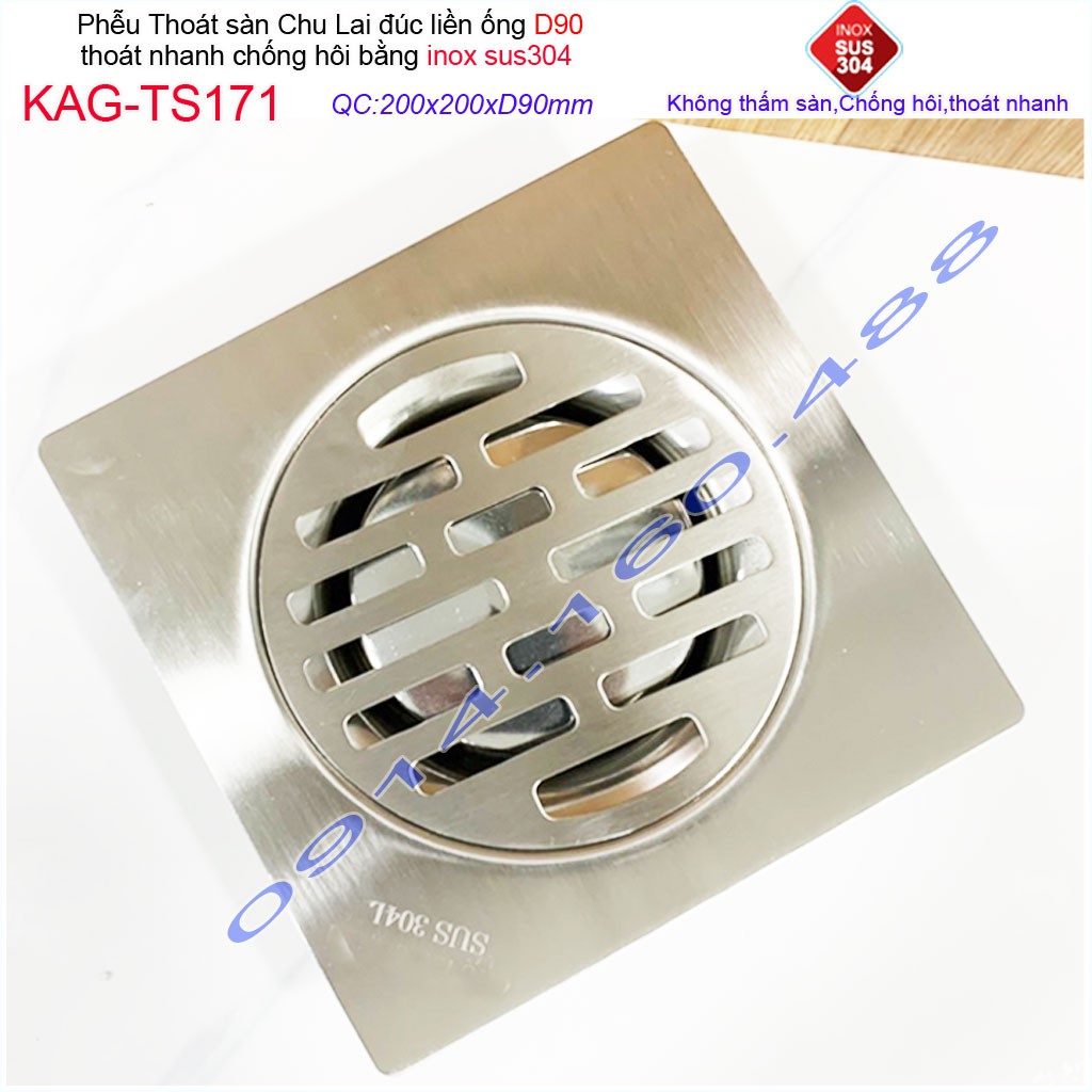 Phễu thoát sàn Chu Lai 20x20cm KAG-TS171-D90, Hố ga thoát sàn ống 9cm SUS304 inox đúc dày thoát nhanh chặn tóc tốt