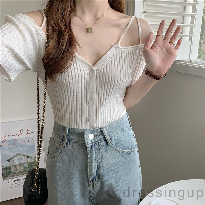 Áo Sơ Mi Nữ Tay Ngắn Trễ Vai Cổ Chữ V Có Hàng Nút Dành Cho Nữ