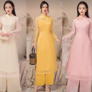 Áo Dài Cách Tân 4 Tà Đính Bông 3D Cực Đẹp.