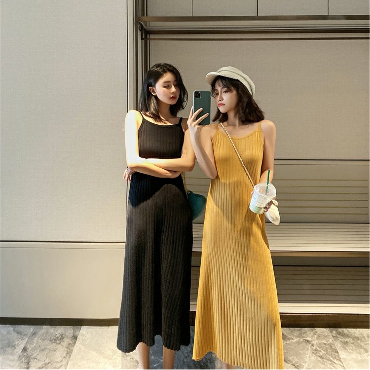 Đầm SUXI hai dây dệt kim màu trơn phong cách vintage thời trang mùa xuân dành cho nữ