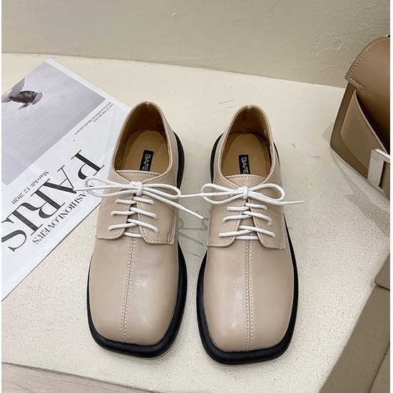 Giày Nữ Ulzzang Vintage, Giày Oxford Doctor Mũi Vuông Da Mềm Thắt Dây Trắng Đế Độn 3cm, Hàn Quốc - Iclassy_shoes