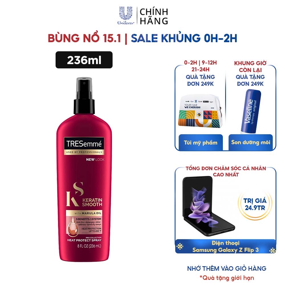 Xịt bảo vệ TRESEMME Keratin Smooth dưỡng tóc tạo kiểu Dầu Dưỡng Tóc Marula &amp; Keratin Bảo Vệ Tóc Khỏi Nhiệt Độ Cao 236ml