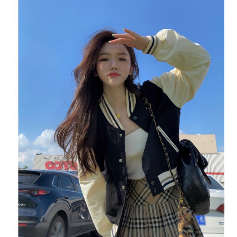 Mã BE6- Áo bomber kaki phối đen be form vừa