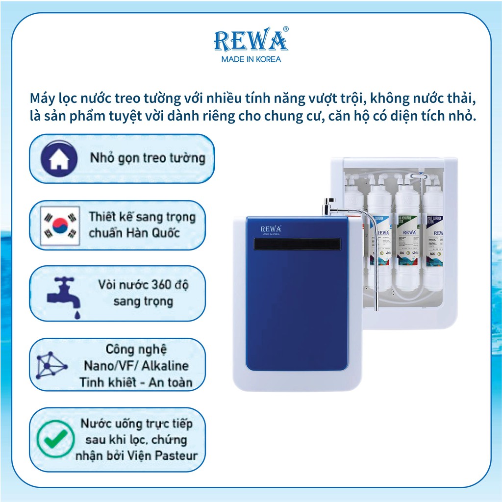 MÁY LỌC NƯỚC ION KIỀM TREO TƯỜNG REWA RW-NA-401.BLUE