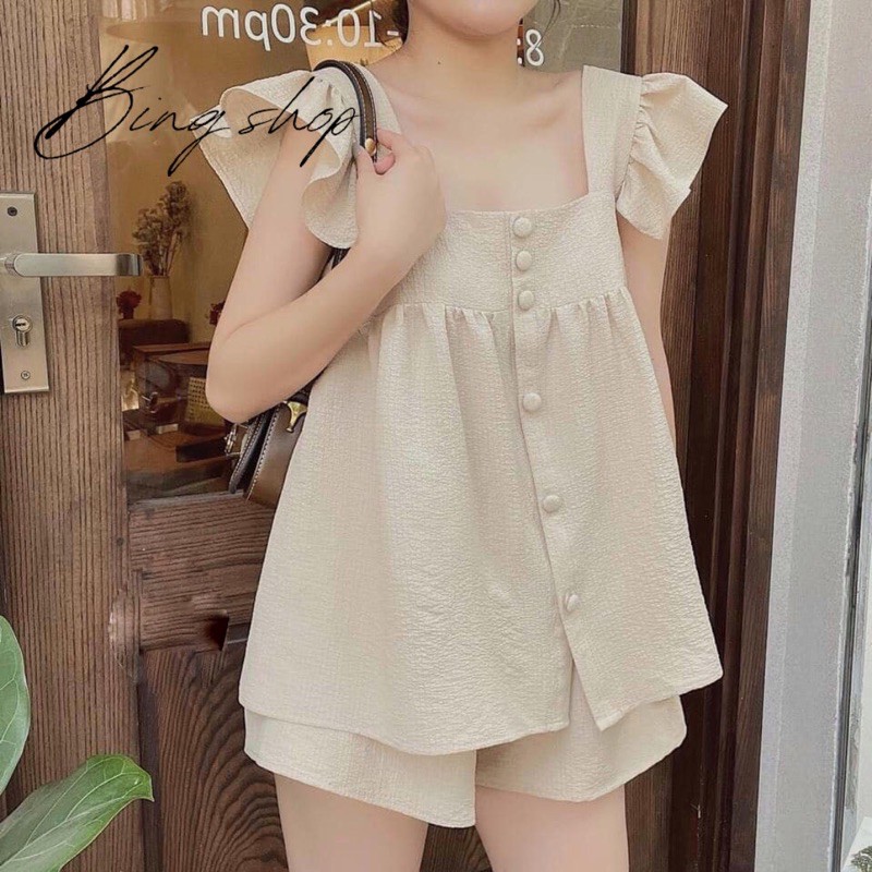 Set áo cánh tiên Bingshop quần đùi phối cúc dọc vải mềm mịn mát freeship