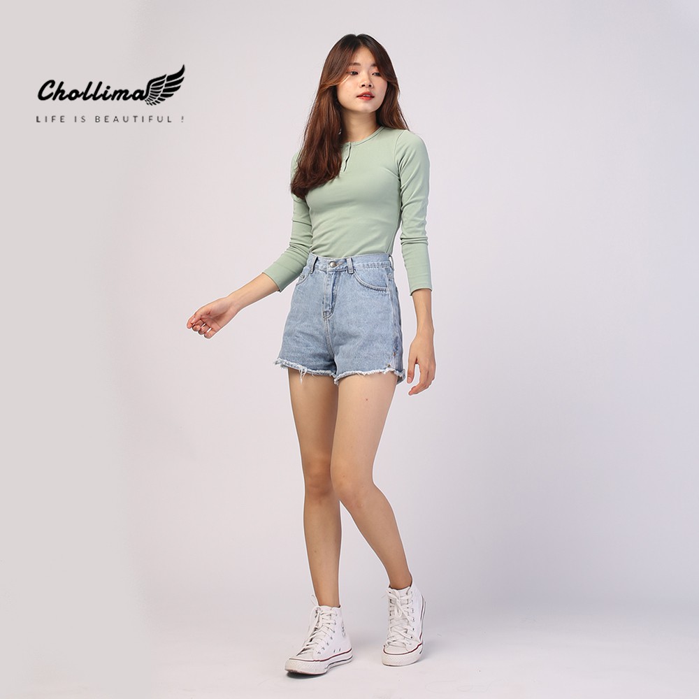 Quần short jeans nữ Chollima tua lai 2 nút QS013 ulzzang phong cách hàn quốc