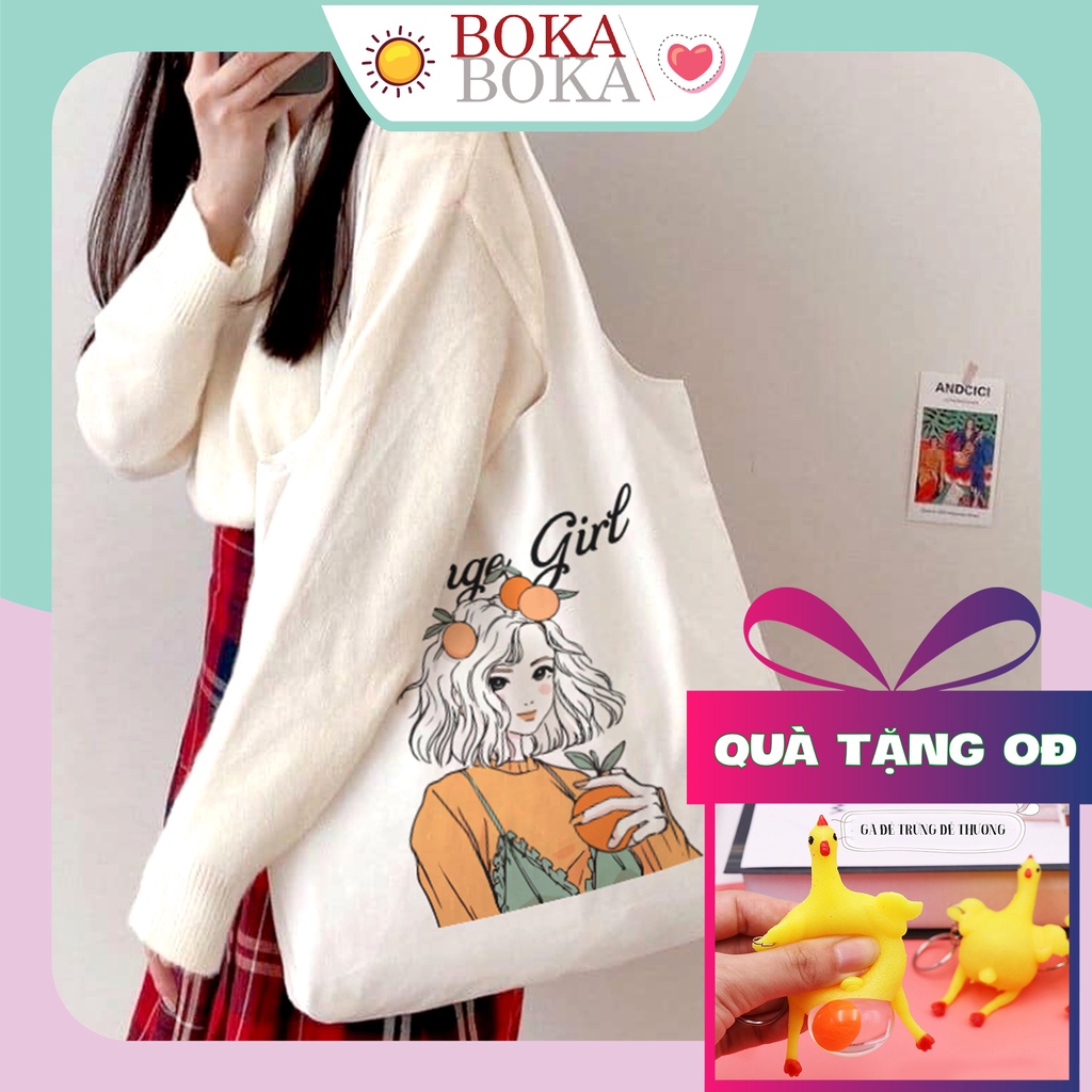 Túi Tote Vải Canvas Orange Girl Quai Tròn Có Khóa Kéo