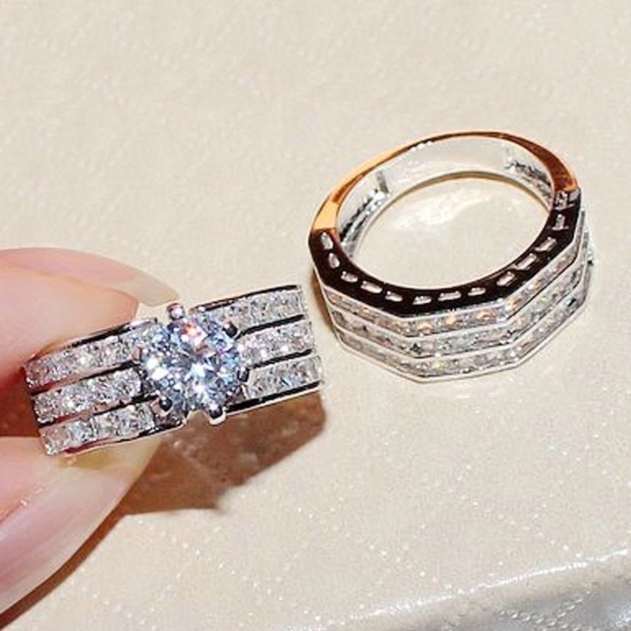 Nhẫn mạ bạc 925 thiết kế nhiều lớp đính đá sapphire màu trắng thời trang sang trọng cho nữ