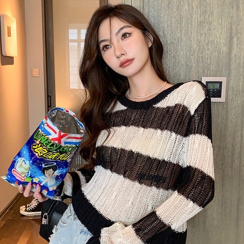 【ZHELIHANGFEI】Áo Dệt Kim Tay Dài Lưng Cao Kẻ Sọc Cá Tính Quyến Rũ Cho Nữ