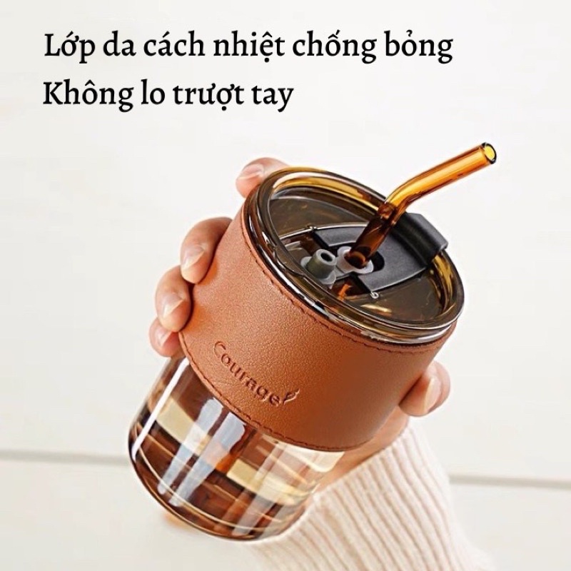 Cốc thủy tinh màu hổ phách bọc da có nắp đậy (Tặng kèm  ống hút)