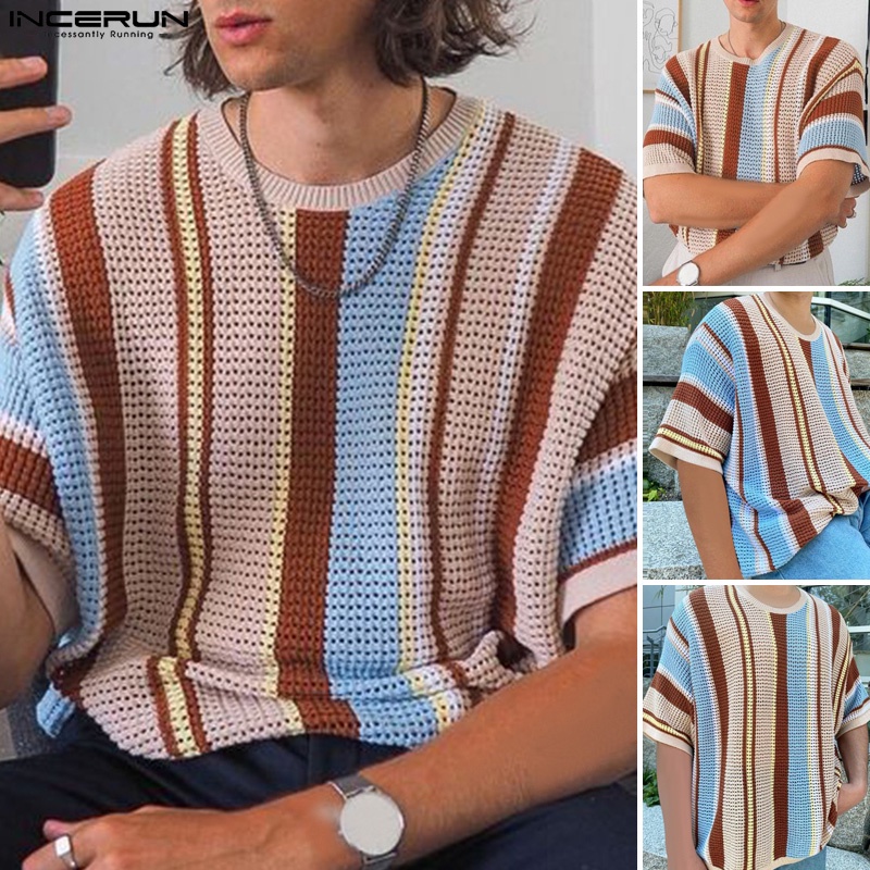 Áo thun INCERUN tay ngắn họa tiết sọc lưới nhiều màu sắc thoải mái cho nam