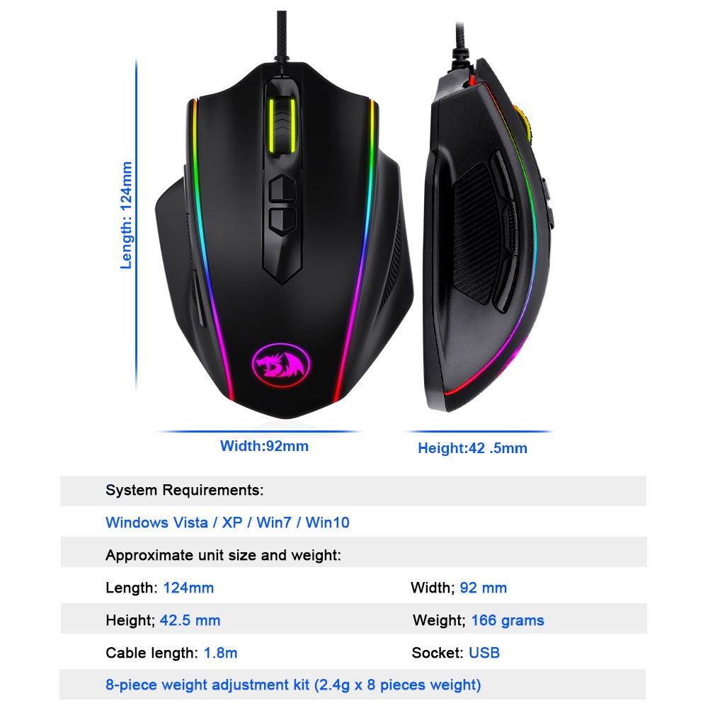REDRAGON Chuột Chơi Game Rdragon M720 RGB Có Dây USB 10000 DPI 8 Nút Bấm Dành Cho Máy Tính