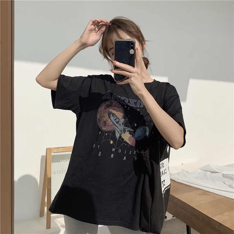 SUXI Áo thun nữ ngắn tay cổ tròn in họa tiết độc đáo phong cách Hàn