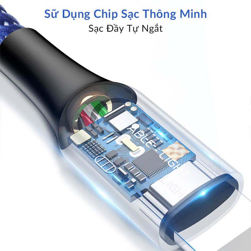 Cáp Sạc iPhone Tự Ngắt Khi Đầy Pin, Sạc Nhanh 2.4A, Bện Nylon Siêu Bền, Dài 1M, Đèn Báo Hiệu Khi Sạc