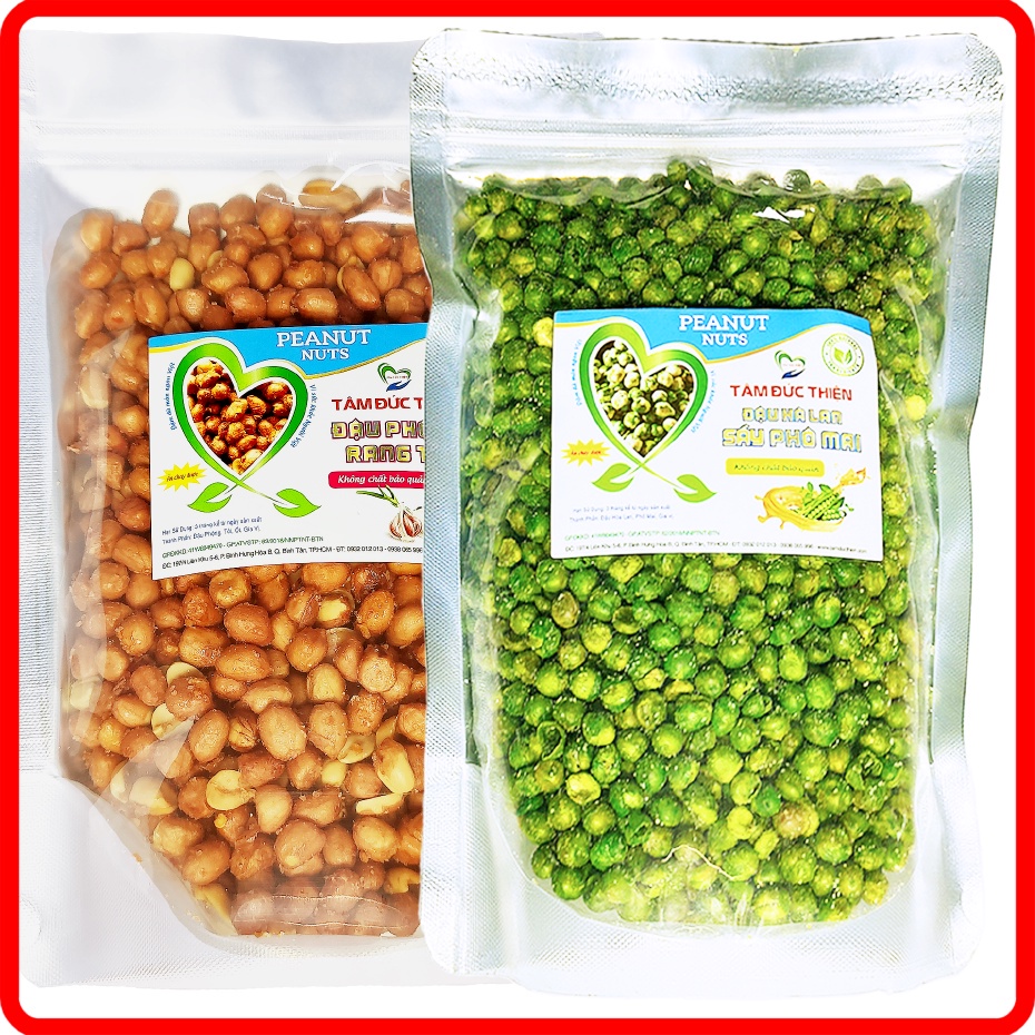 Combo 1KG: Đậu Phộng Rang Tỏi Ớt và Đậu Hà Lan Sấy Phô Mai Tâm Đức Thiện (2 x Túi 500GR)